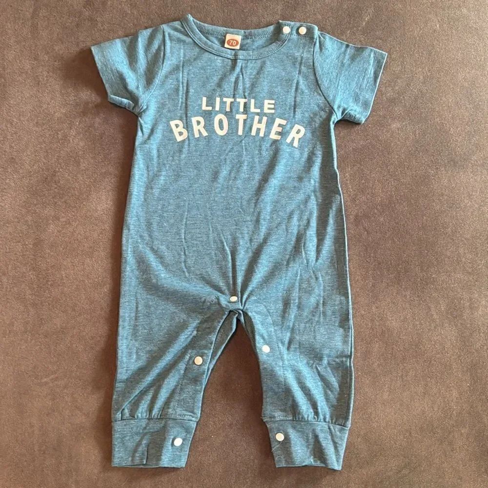 Infant Baby Boy Blue Romper Little Brother with Snap Closure Size 0-3 Months NEW